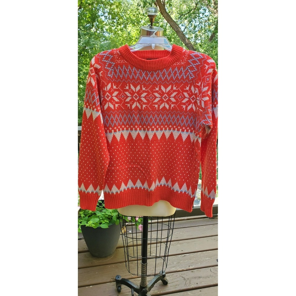 Vintage JCPenney Mens Red Fair Isle Snowflake Acrylic Knit Sweater Medium